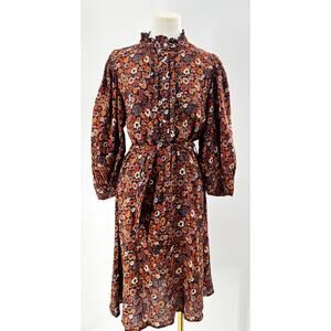 Antik Batik Paoli Navy Floral Midi Dress Cotton Ruffle Shirt Medium M NWOT